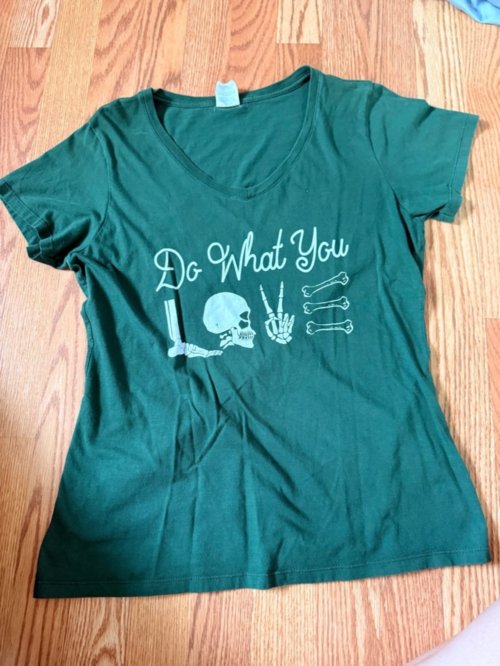 Green V-Neck Graphic Tee - "Do What You" Skeleton Print
